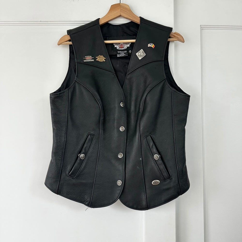 Vintage Harley Davidson Leather Vest Womens L Made in USA HOG Pins Y2K Biker